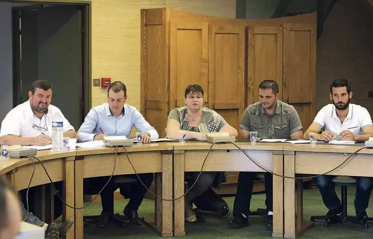 Olivier Boulat, président de la FDSEA, Julien Tufféry, président des JA, Christine Valentin, membre du bureau de la FDSEA et présidente de la chambre d’agriculture, Frédéric Valette, président d’Agri’emploi et Vincent Bonnet, président du service de remplacement lozérien.