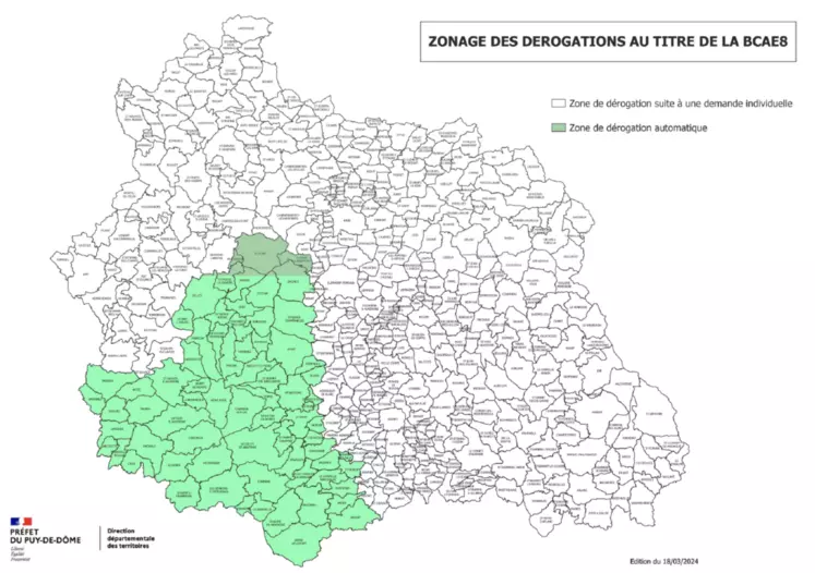 Carte du zonage concerné par le report de début d'interdiction de la taille des haies dans le Puy-de-Dôme.