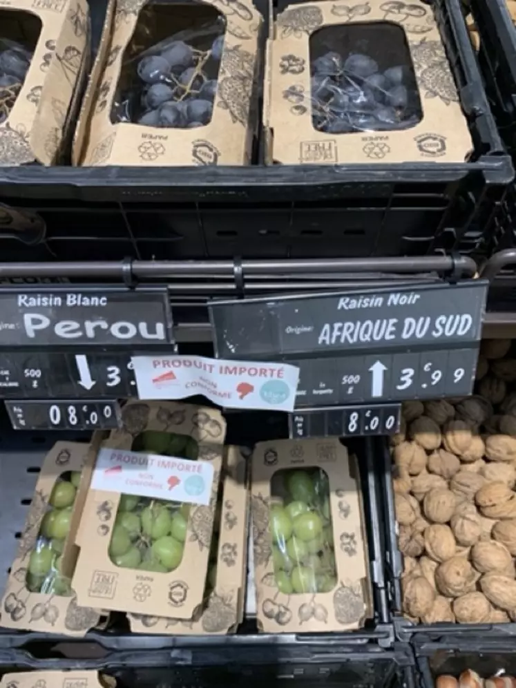 Raisins noir et blanc en rayon libre service, emballés, originaires du Pérou et d'Afrique du Sud.