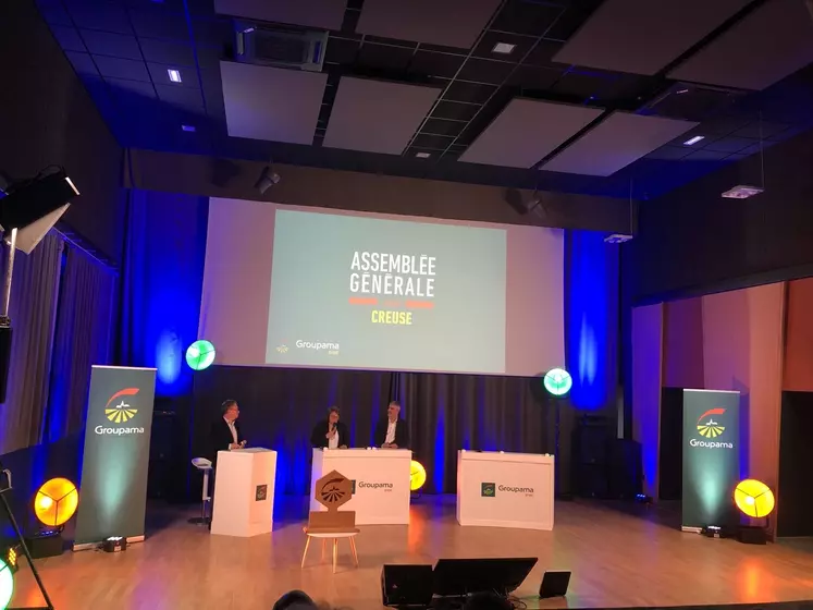 Vue sur la tribune de l'assemblée générale depuis la salle.