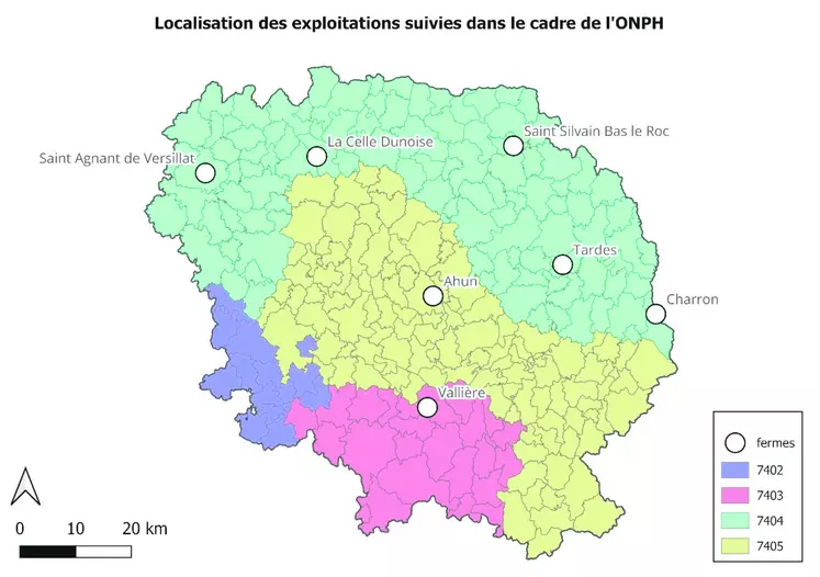 Carte de la répartition des fermes témoins en Creuse.