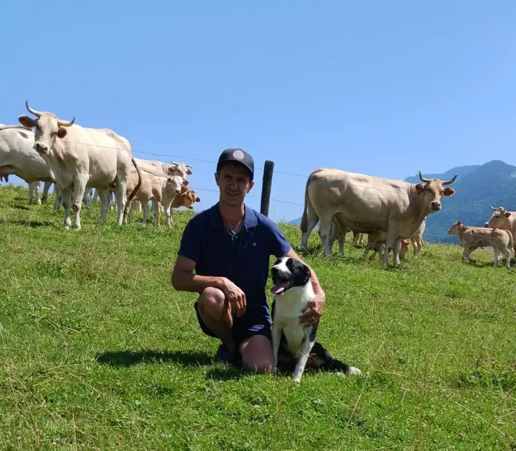 éleveur avec un border collie dans un près