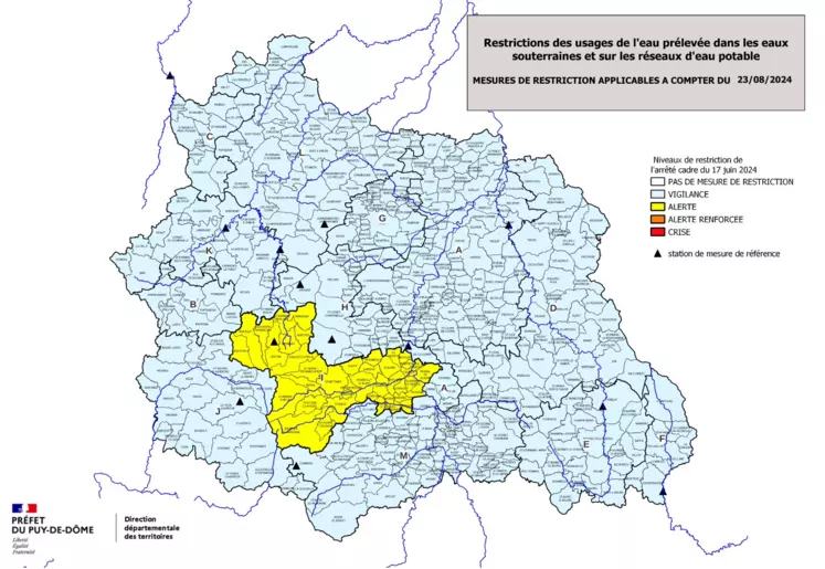 Carte des restrictions des usages de l’eau prélevée dans les eaux souterraines et sur les réseaux d’eau potable.