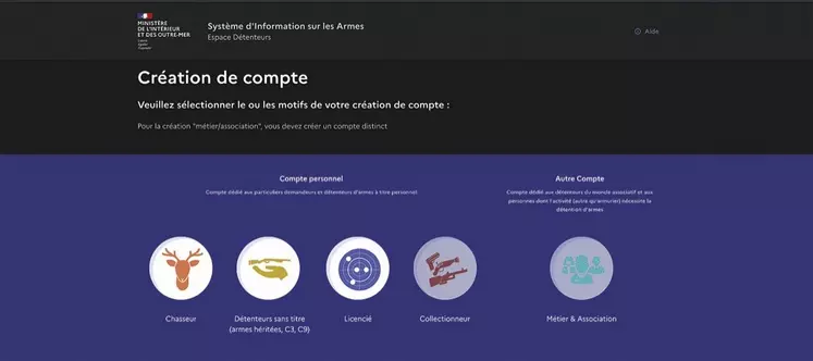 Page d'accueil du site pour créer son compte SIA pour les détenteurs d'armes à feu