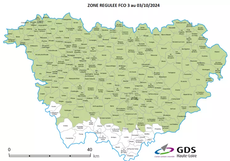 Carte Haute-Loire de la zone régulée FCO3 au 03/10/2024