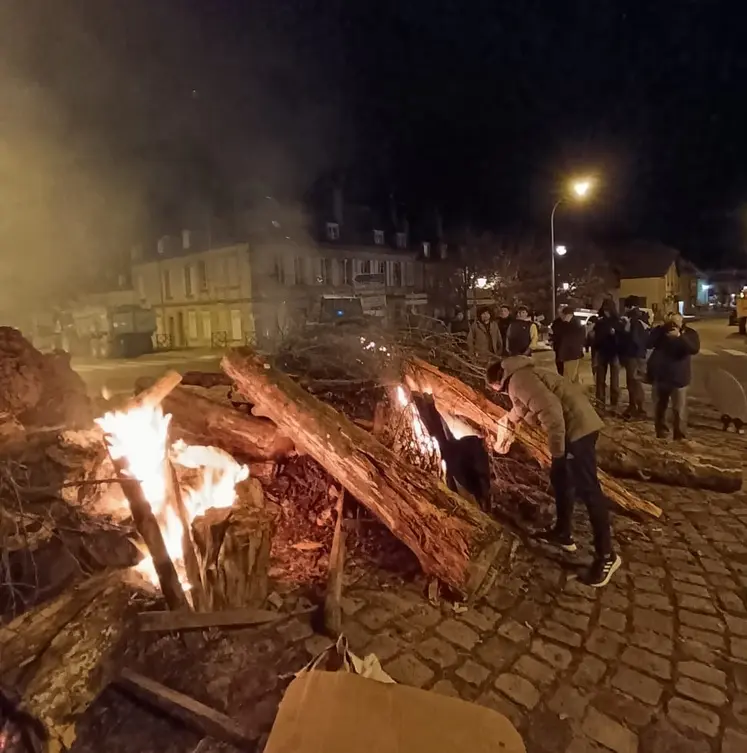 Des agriculteurs allument un feu avec des troncs d'arbres au rond-point Régemortes à Moulins.