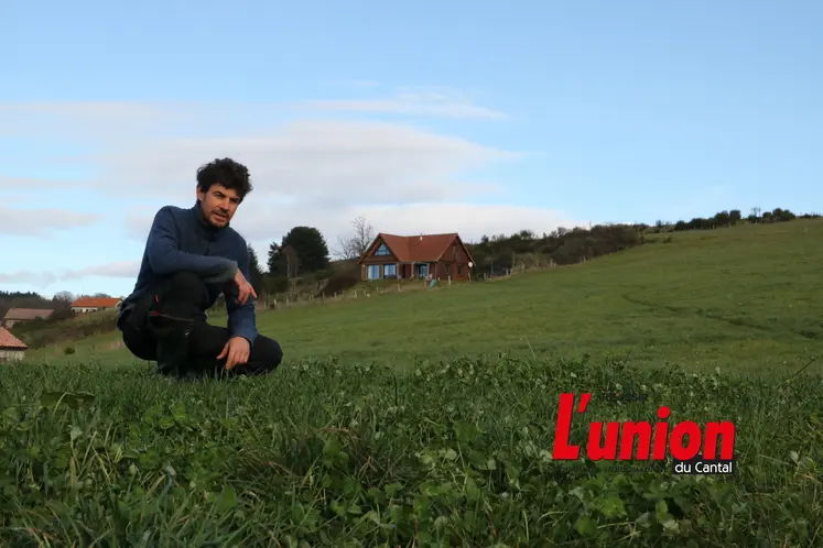 Un homme accroupi au milieu de l'herbe. 