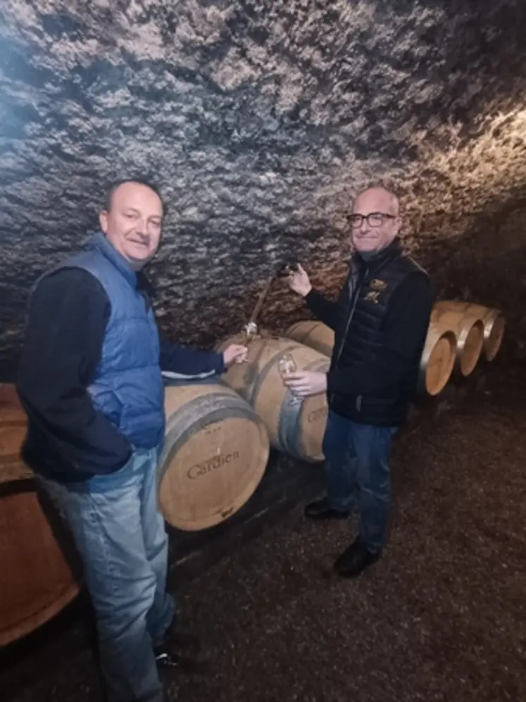 Deux vignerons dans une cave devant des tonneaux de vin