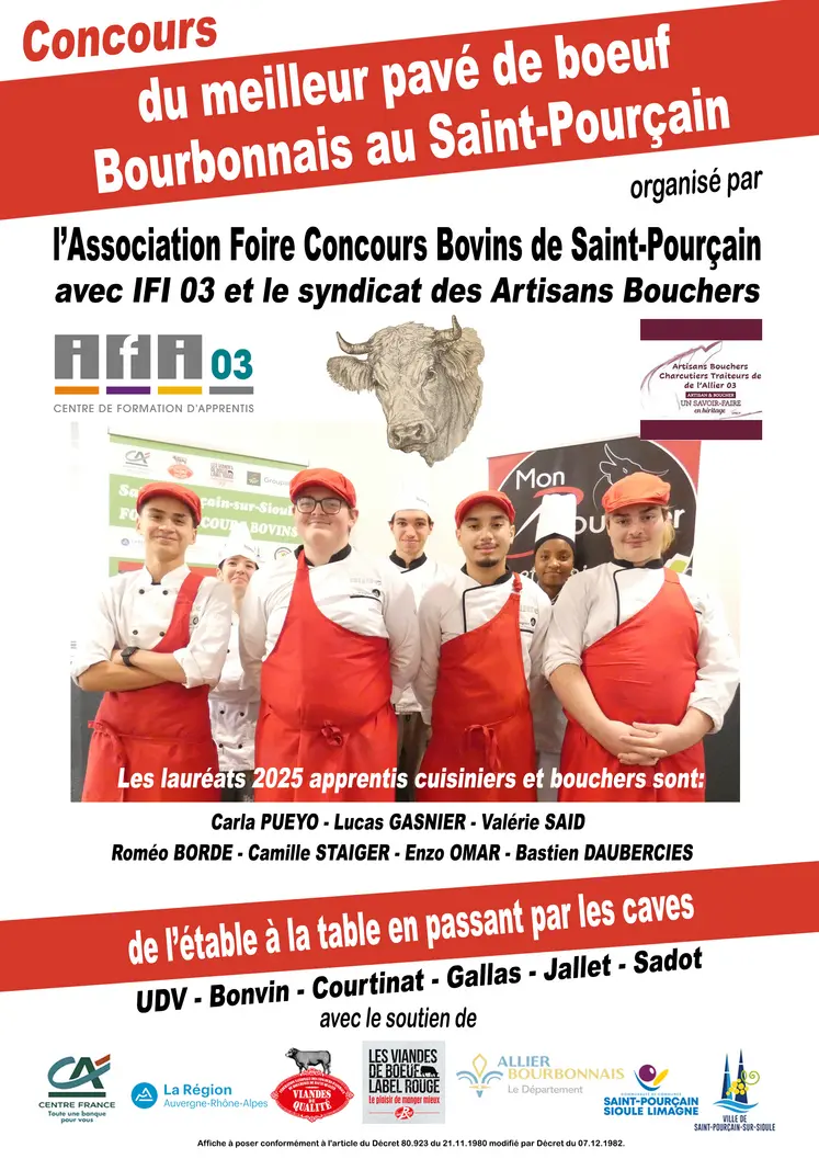 Affiche rouge et blanche, où l'on voit les lauréats 2025 apprentis cuisiniers et bouchers