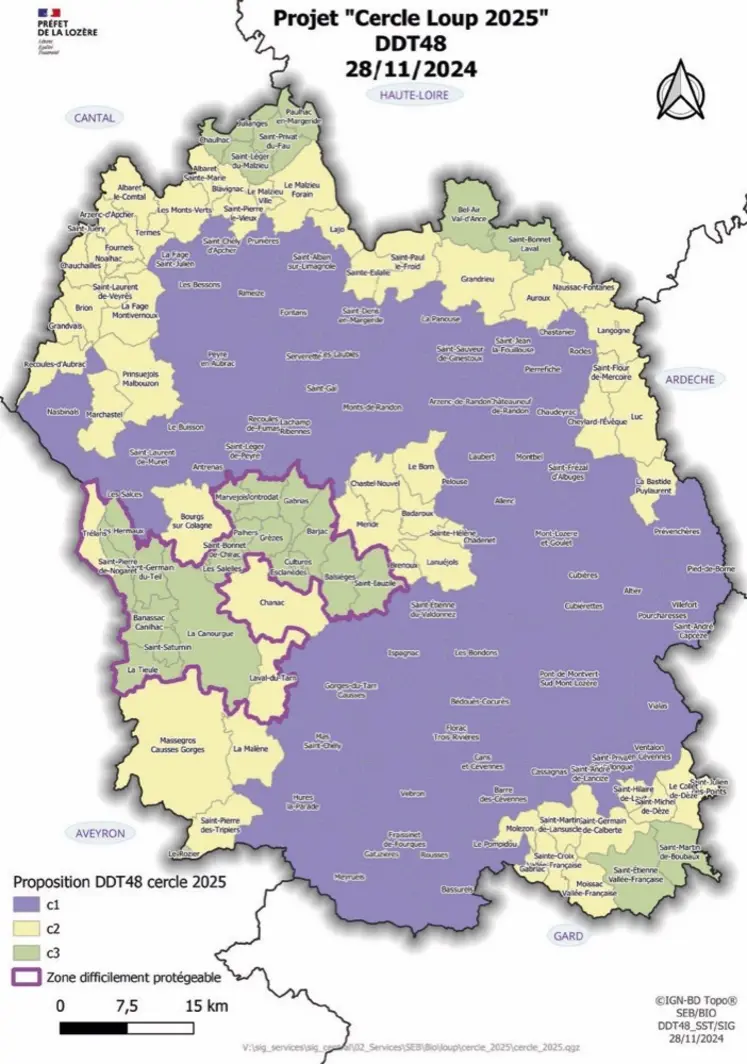 La carte 2025 des cercles de protection en Lozère