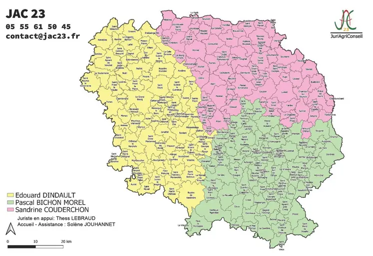 Carte des secteurs géographiques de chaque juriste du JAC 23.