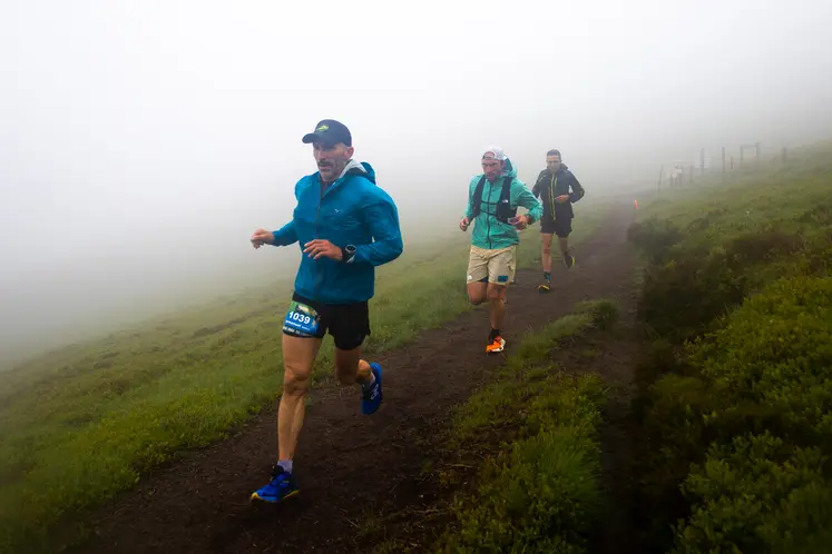 Coureurs trailers en descente sur un chemin dans le brouillard.