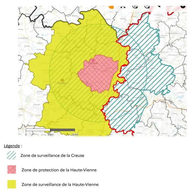 Zone réglementée grippe aviaire en Haute-Vienne et Creuse au 27 novembre 2025.