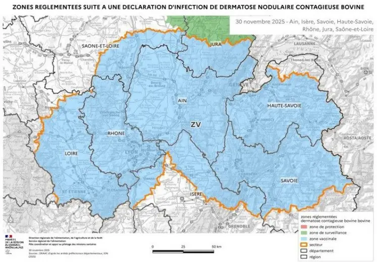 45 jours après le dernier foyer et si le taux de vaccination de la zone le permet, la zone réglementée devient zone vaccinale DNC. Cela ouvre la porte à une reprise des échanges, vers la zone indemne dans un premier temps et à l’export dans un deuxième temps. Compte tenu de leur proximité, 3 anciennes zones ont été fusionnées en une seule grande zone vaccinale.