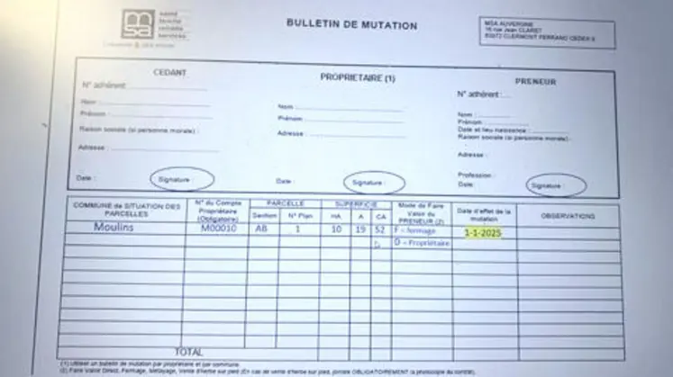 Bulletin de mutation, pour chaque parcelle à céder, en cas de transmission de foncier. 