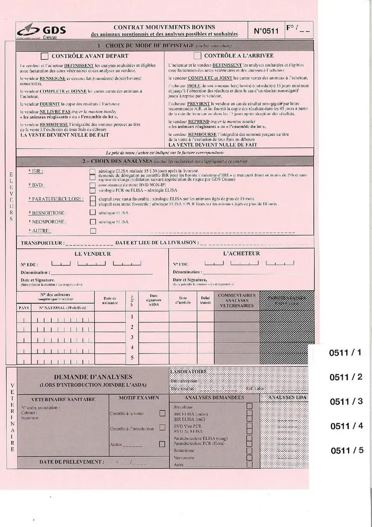 Le contrat mouvements à utiliser systématiquement pour vous accompagner sur toutes les questions à se poser lors d’un mouvement.


Le contrat mouvements simplifie et optimise les questions que chacun (vendeur, acheteur, transporteur et vétérinaire sanitaire) doit se poser lors d’un mouvement. La partie haute du document « ÉLEVEURS » est à compléter et signer par le vendeur et l’acheteur (choix du contrôle avant départ ou à l’arrivée, maladies et animaux concernés par le contrat e...