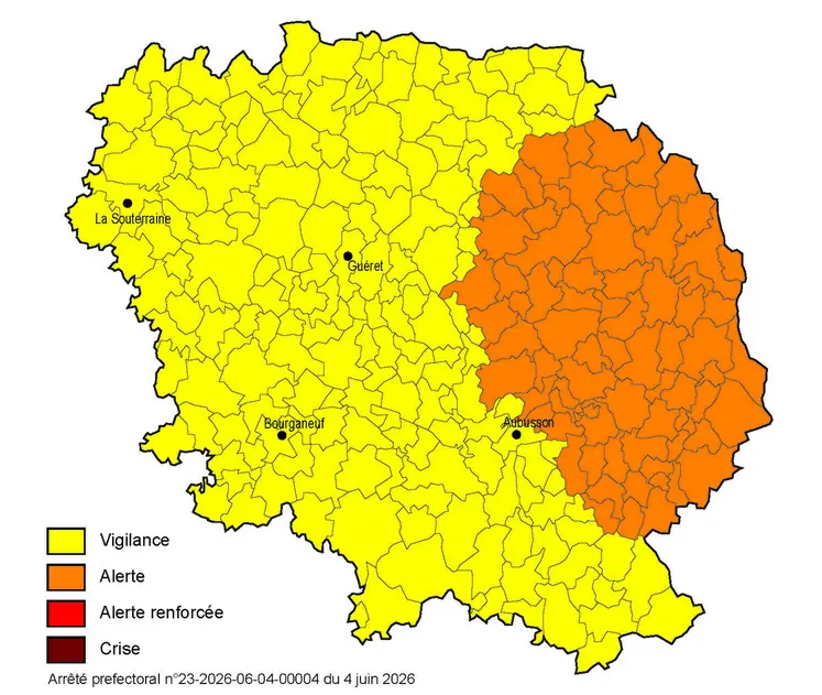 carte de la creuse montrant le bassin versant du cher en zone d'alerte au regard de la sécheresse