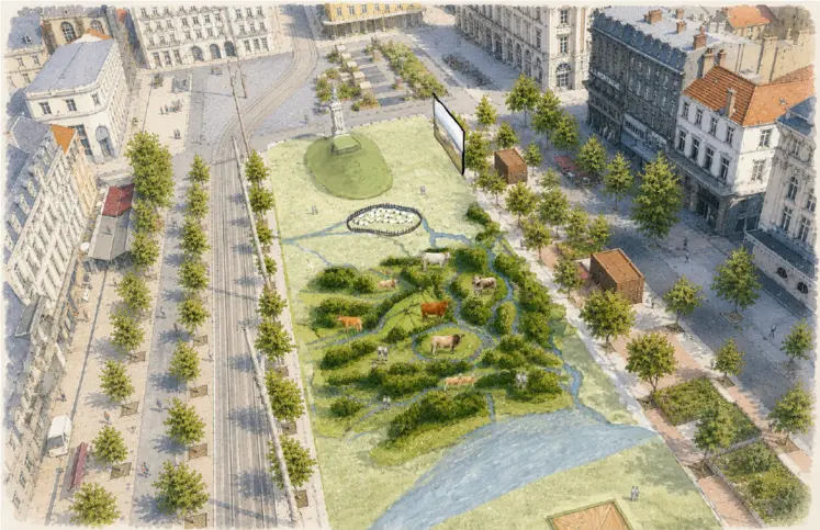 Reconstitution de la place de Jaude au moment de l'évènement Pâture.