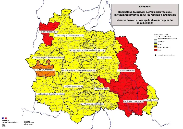 Restrictions des usages de l'eau prélevée dans les eaux souterraines et sur les réseaux d'eau potable, depuis le 18 juillet. 
