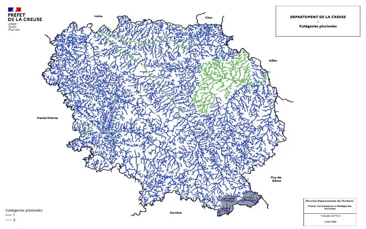 carte des catégories de cours d'eau en Creuse