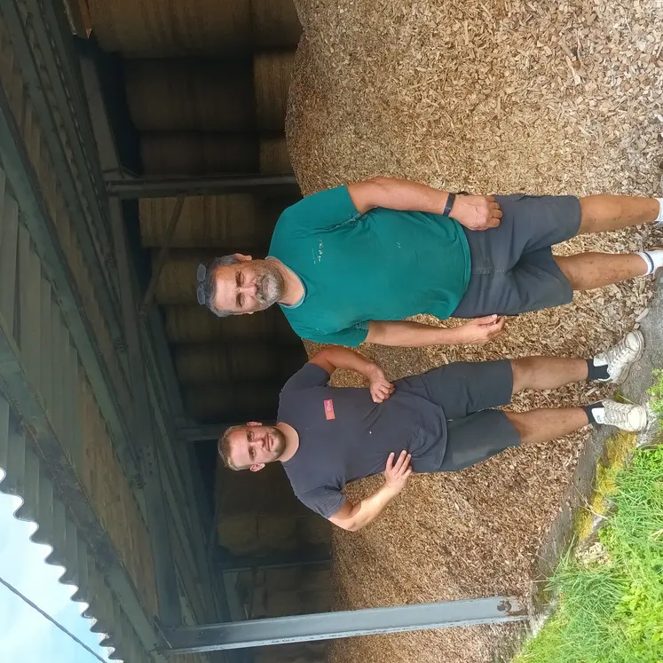 Serge Séverin et Sébastien Néme (GAEC des Gringos, Condat-en-Combrailles) utilisent les plaquettes de bois en sous-couche de leur aire paillée. Cette pratique leur permet d'économiser près de 90 tonnes de paille par an. 