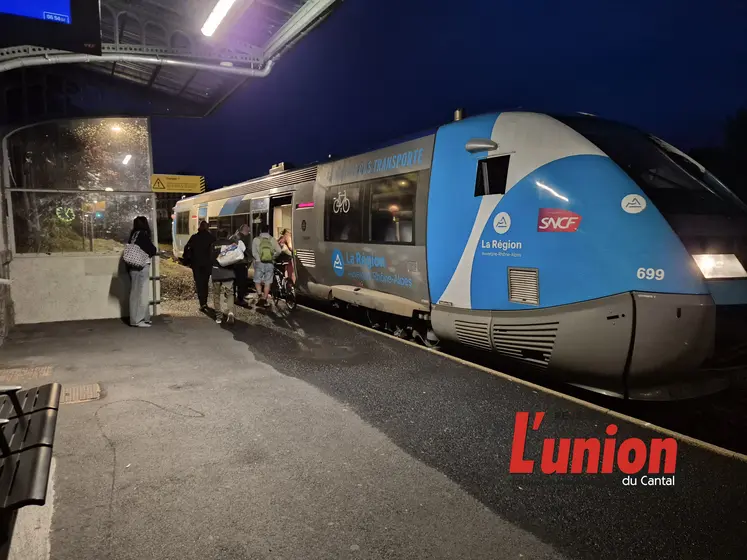 à gauche de la photo des gens montent dans un train bleu.