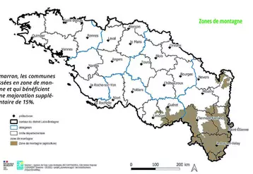 En marron, les communes classées en zone de montagne et qui bénéficient d'une majoration supplémentaire de 15%. 