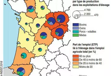 L’emploi dans les élevages viande en équivalent temps plein en Nouvelle Aquitaine.