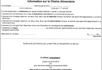 Si le bovin n'est pas muni d'une nouvelle ASDA ICA, demandez à GDS Creuse le document à compléter nécessaire. Ce document reprend le verso des nouvelles ASDA ICA avec une partie à plier et il est à utiliser seulement pour les bovins dotés d'une ancienne ASDA (sans ICA au verso) et dans le cas où une ICA est à transmettre. Un document collectif est également disponible.