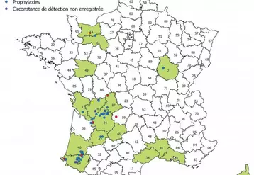 On constate une concentration des cas sur les départements des Landes et des Pyrénées-Atlantiques, et la Dordogne. Au nord de la Haute-Vienne, l’identification du spoligotype laisse penser qu’il s’agit d’une résurgence d’un foyer ancien. Le cas de la Corrèze est en cours d’investigation.