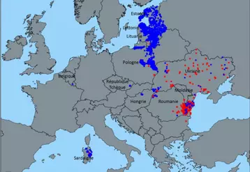 Foyers domestiques (en rouge) et cas sauvages (en bleu) de PPA confirmés en Europe du 01/01/2018 au 17/09/2018 (source ADNS au 18/09/2018)