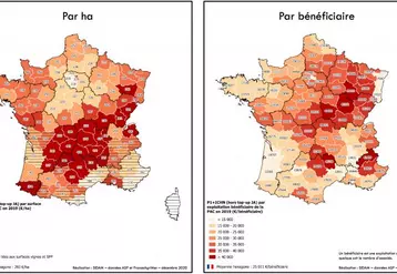 Même en intégrant l’ICHN, le retour des aides Pac par bénéficiaire (exploitation) reste actuellement plus favorable aux zones de grandes cultures de la moitié nord de la France. 
Sources : Sidam (données ASP et FranceAgriMer 2020).