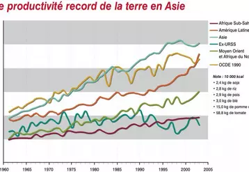 De 1961 à 2003, les surfaces mises en culture n’ont que faiblement augmenté (+ 0.3 % par an à l’échelle mondiale), l’essentiel de la croissance de la production agricole étant dû aux gains de rendements. Ces derniers ont augmenté dans toutes les zones du monde à des rythmes variables.