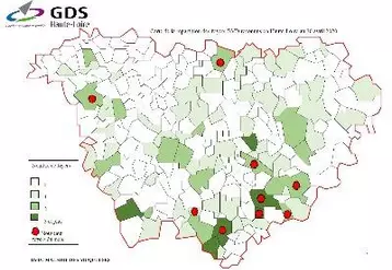Carte de la répartition des foyers BVD reconnus en Haute-Loire au 30 avril 2020.