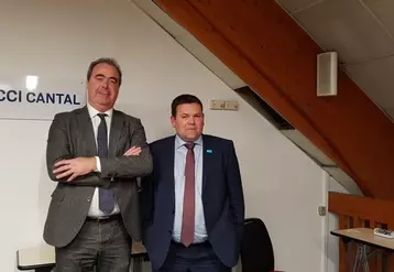 Laurent Ladoux, président de la CCI, a accueilli Sébastien Vidal, président de Limagrain, invité comme grand témoin de la chambre consulaire à Aurillac.