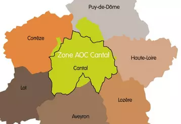 L’ensemble des 2 200 producteurs identifiés dans la zone d’appellation (en vert) de l’AOC cantal devraient être contrôlés d’ici fin 2011.