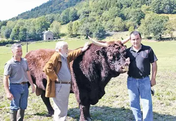 Jean-Paul et Thierry Lacombe ont présenté à Michel Duchaussoy son nouveau collègue de cinéma : le taureau Baron !