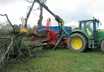 Le conducteur saisit les branches au moyen d’un grappin et les insère dans le rotor qui les déchiquète au moyen des deux rouleaux crénelés. Le produit est disposé dans la benne.