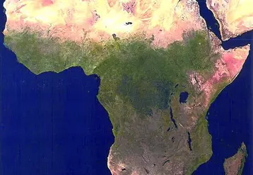 Sur cette vue satellitaire de l’Afrique, on aperçoit le désert du Sahara, qui s’étend au nord du continent. C’est à ses pourtours que la désertification accomplit les plus grands dommages.