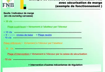 1/ Niveau de base : Le coût de revient est établi en fonction des coûts de production des élevages, intégrant la rémunération de l’éleveur;
2/ Plage supérieure et inférieure : selon le cours du marché c’est soit l’abatteur soit l’éleveur qui paie pour ramener le prix de vente dans la plage neutre;
3/ Plage d’intervention : une caisse de solidarité est financée par les éleveurs 
et l’Etat est sollicité également;
4/ D’autres mécanismes de régulation doivent ...