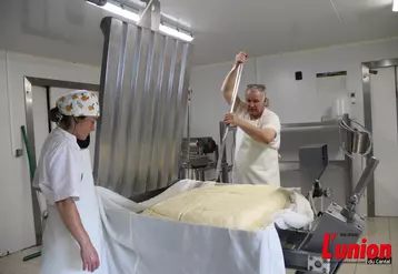 Atelier de transformation fromage. Producteur découpe la tome.