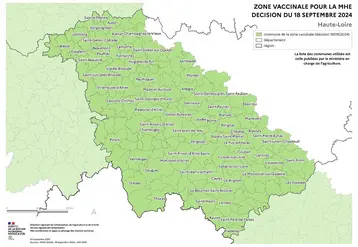 Pour la MHE, les deux tiers sud-ouest de la Haute-Loire (185 communes au sud d'une diagonale allant de La Chaise-Dieu aux Vastres), sont en zone vaccinale avec prise en charge du vaccin par l'État.