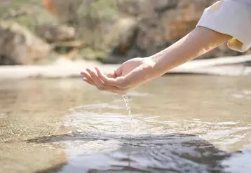 Main qui prend de l'eau dans une mare