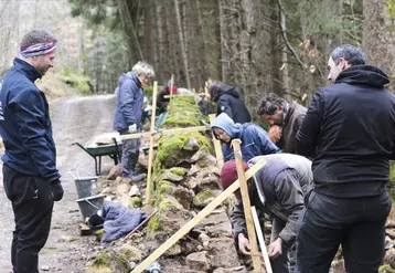 Un groupe de personne travaille sur un mur en pierre sèche