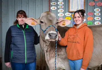 vache brune qui pose avec ses éleveuses