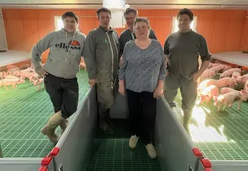 5 personnes dans un bâtiment porcin