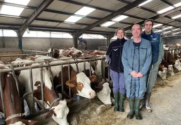 Les associés du Gaec de Montebello, Daniel, Alice et Florent, dans leur stabulation.