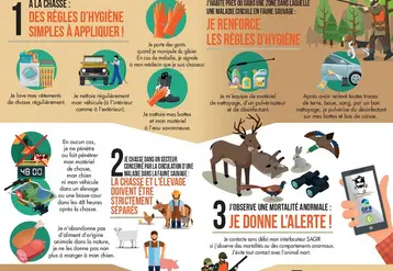 La faune sauvage peut être réservoir de maladies zoonotiques (tularémie par exemple) ou susceptibles d’infecter les animaux d’élevage, surtout les suidés. Les chasseurs et les utilisateurs de la nature doivent respecter des règles de biosécurité, en fait des règles de bon sens !