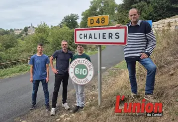 quatre personnes autour d'un panneau de signalisation
