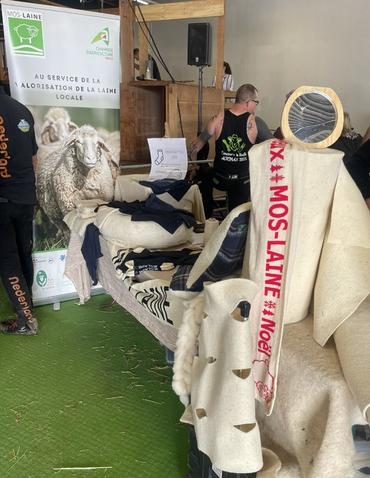 Le stand de l'association Mos-laine vend des vêtements faits en laine au salon Agrimax.